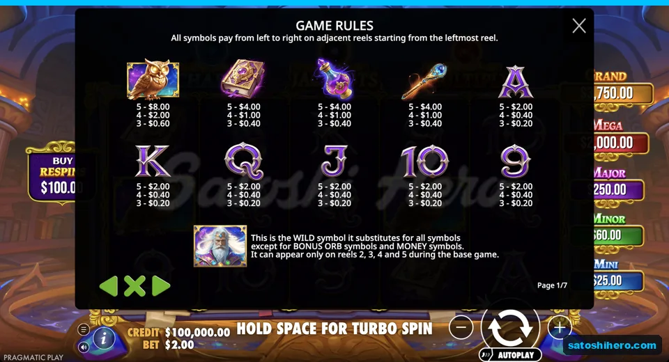 Rules page lists symbol payouts and wild details