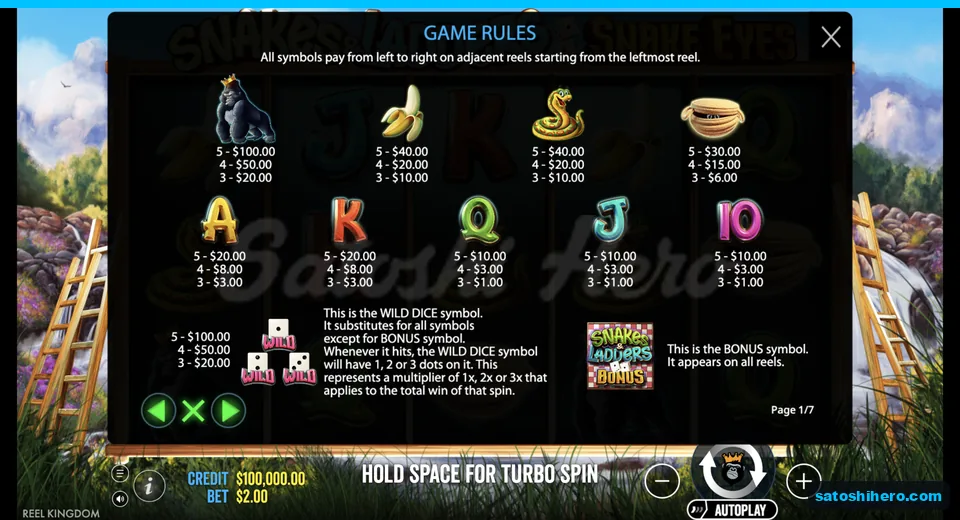 Rules page lists symbol payouts and specials