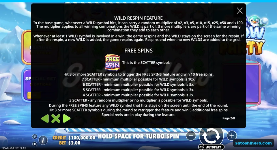 Feature panel explains Wild respins and free spins