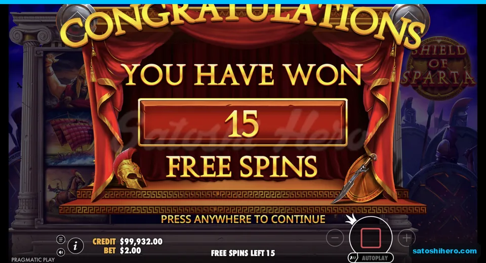Free Spins intro announces fifteen spins won