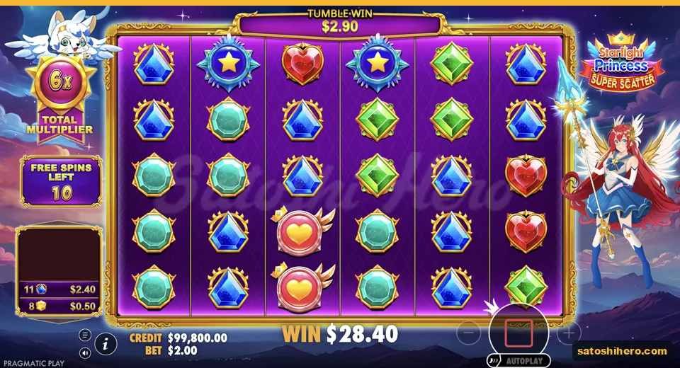 Free spins show 6x meter and gold hearts