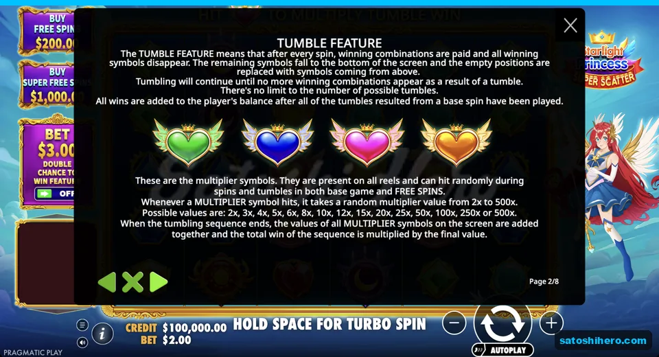 Rules page shows tumbles and multiplier hearts