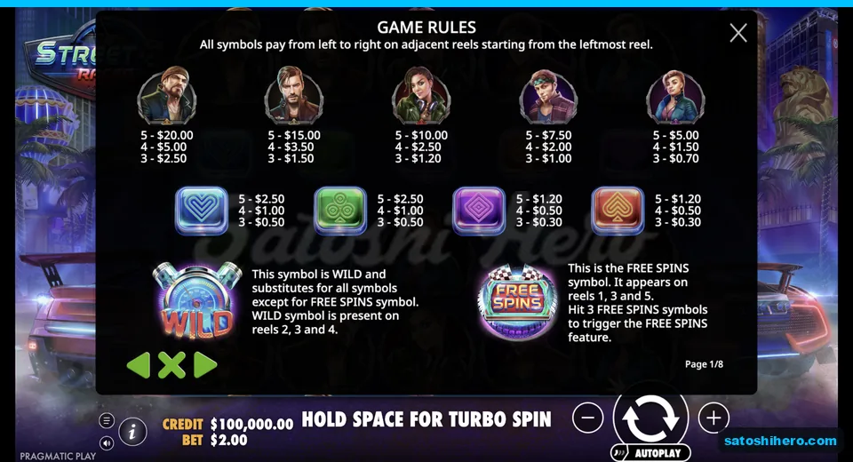 Paytable shows racers, gems, wild, and trigger