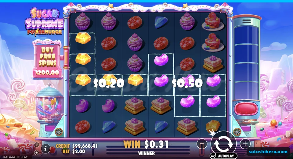 Cluster win outlines yellow gems and purple gummies