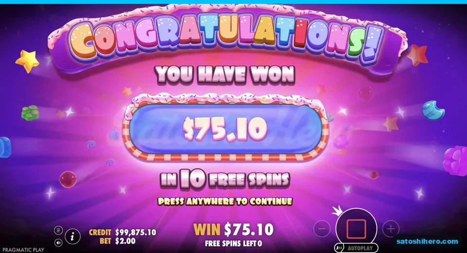 Congratulations screen shows $75.10 total win