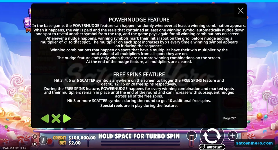 Rules page explains nudges, multipliers and free spins