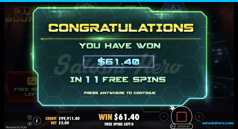 Congratulations screen shows $61.40 total win
