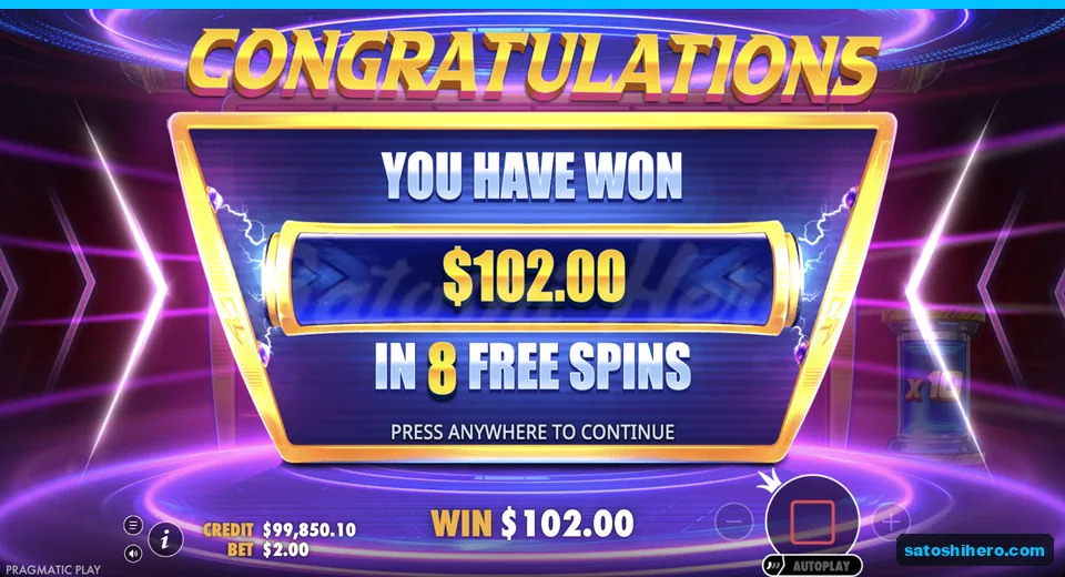 Free spins collect screen shows $102.00
