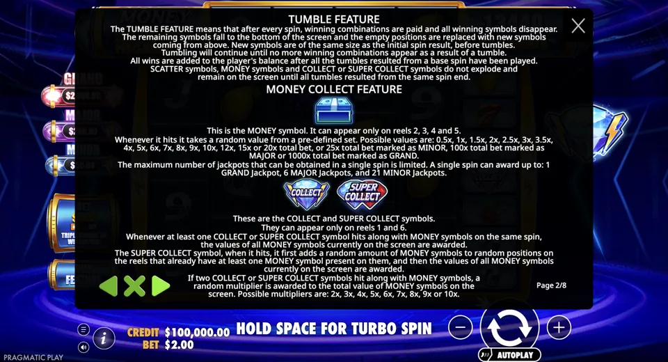 Rules page explains tumbles and money collects