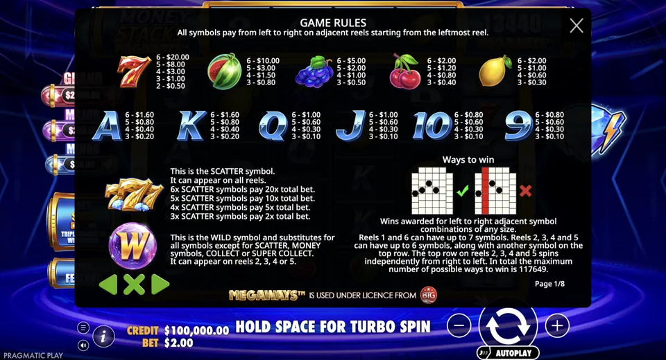 Paytable lists symbols, Wild, Scatter and 117649 ways rule
