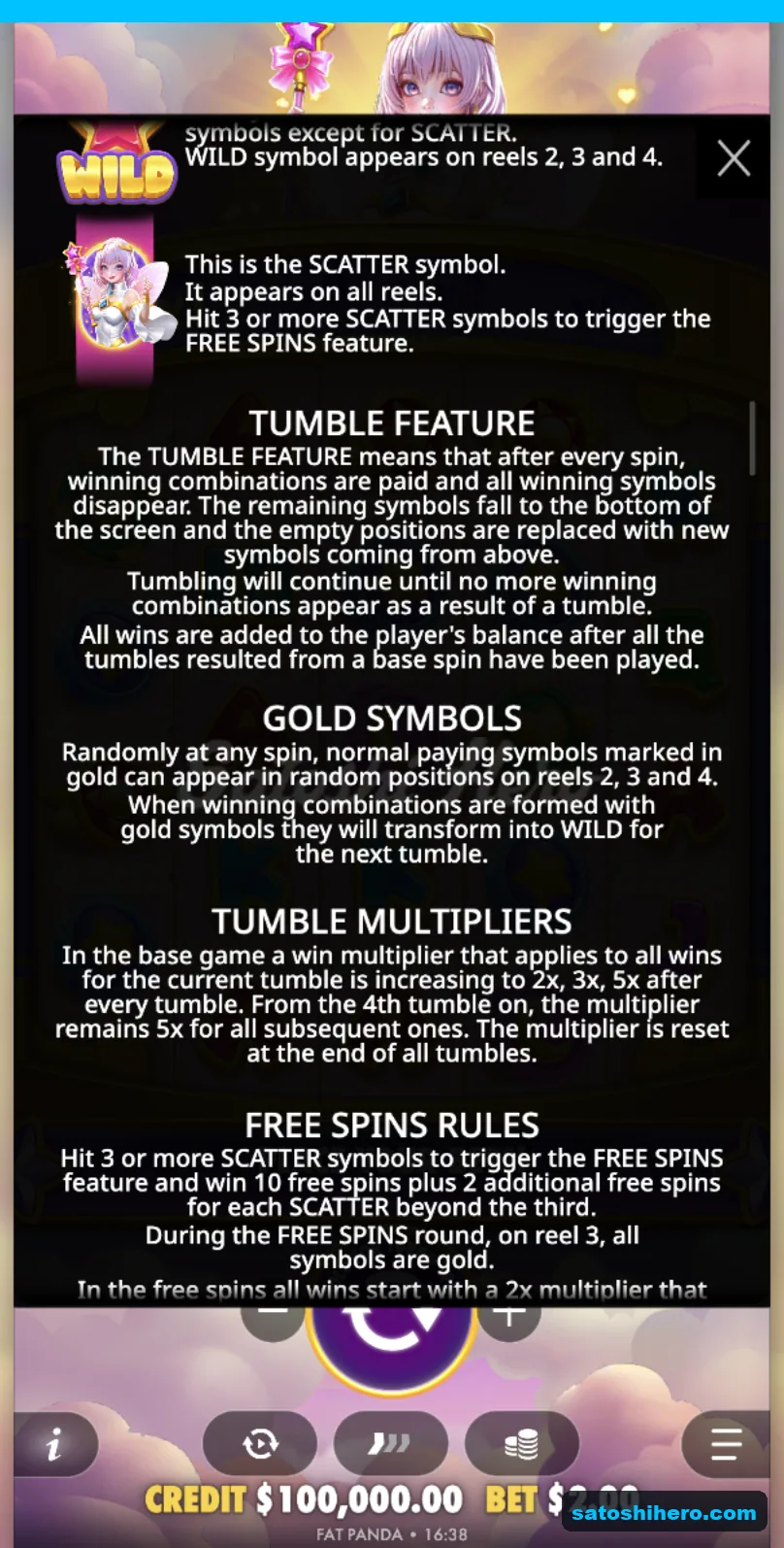 Rules panel explains wild scatter tumble and free spins