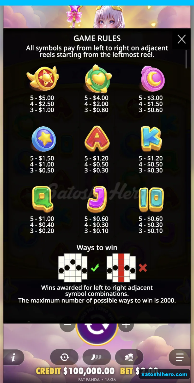 Paytable lists five four and three-symbol values