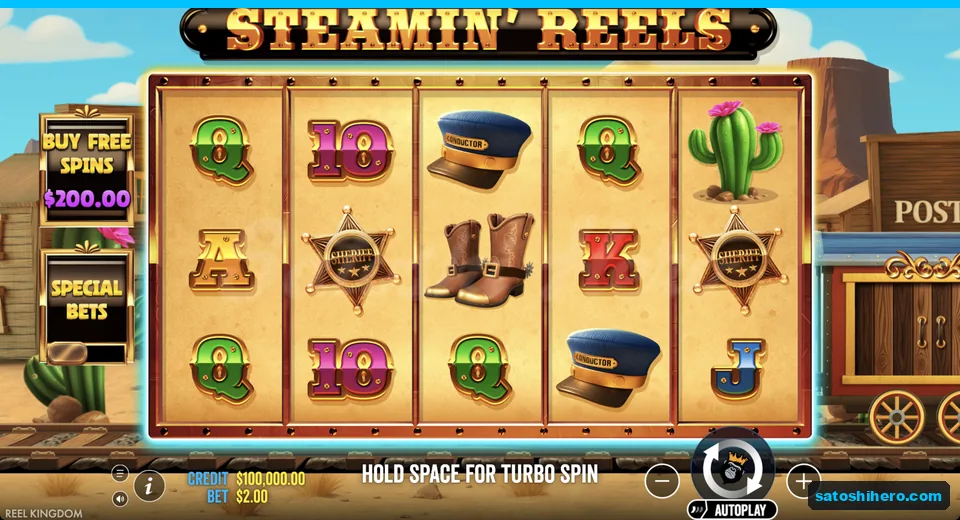 Idle reels show frontier symbols and desert town