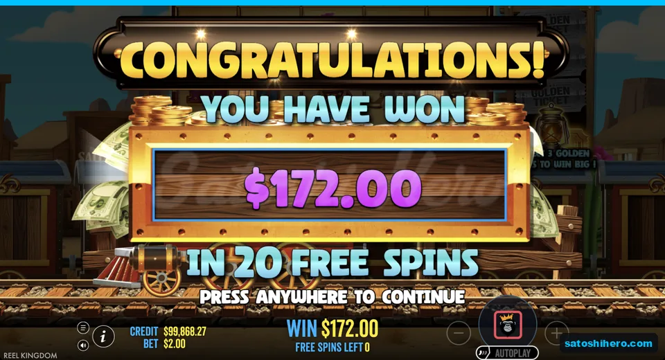 Free spins collect screen shows $172.00