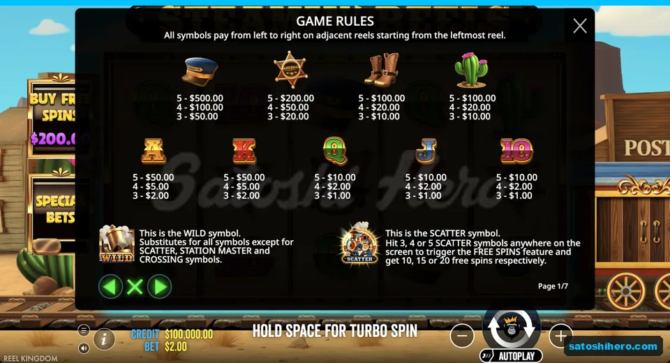 Paytable shows hats badges boots and cactus