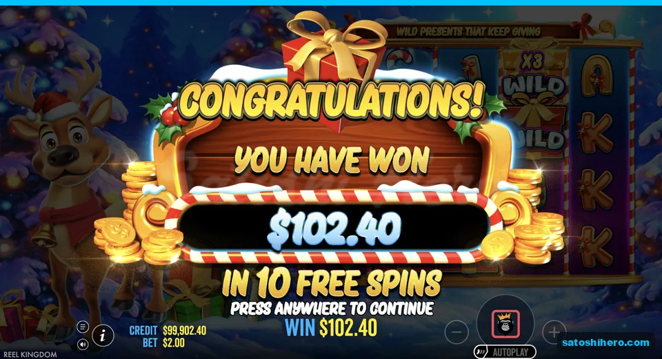 Free spins total displays $102.40 result