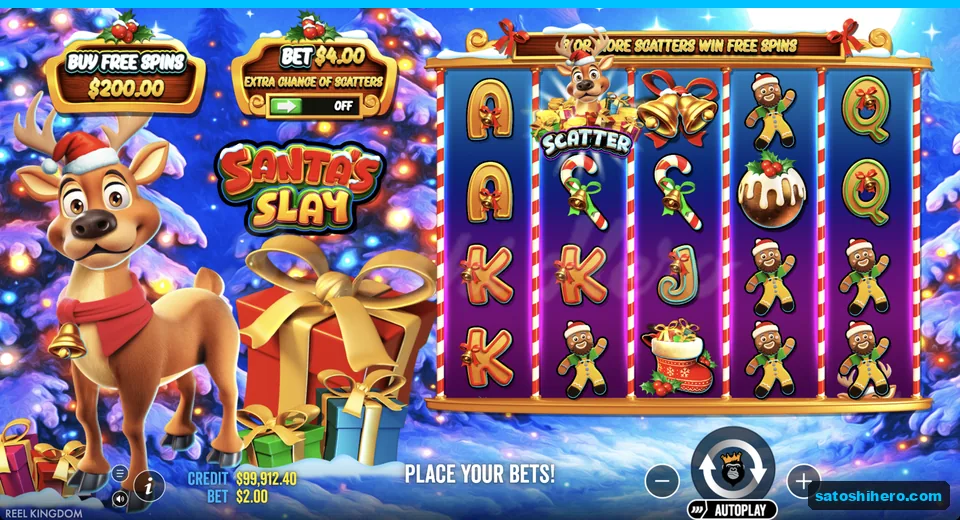 Settled reels show reindeer scatter and festive symbols
