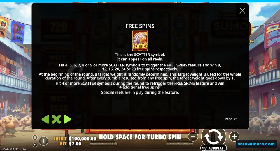 Rules page shows scatter awards and free spins