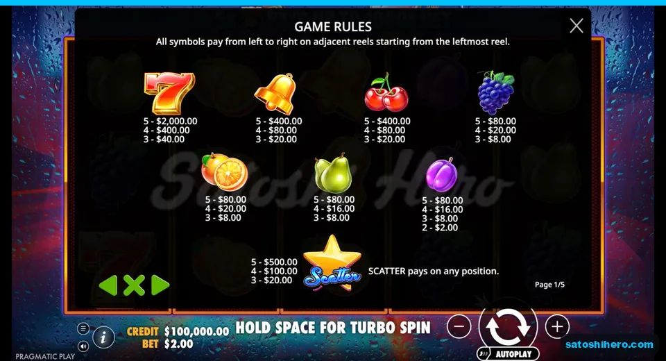 Rules page shows symbol payouts and scatter values