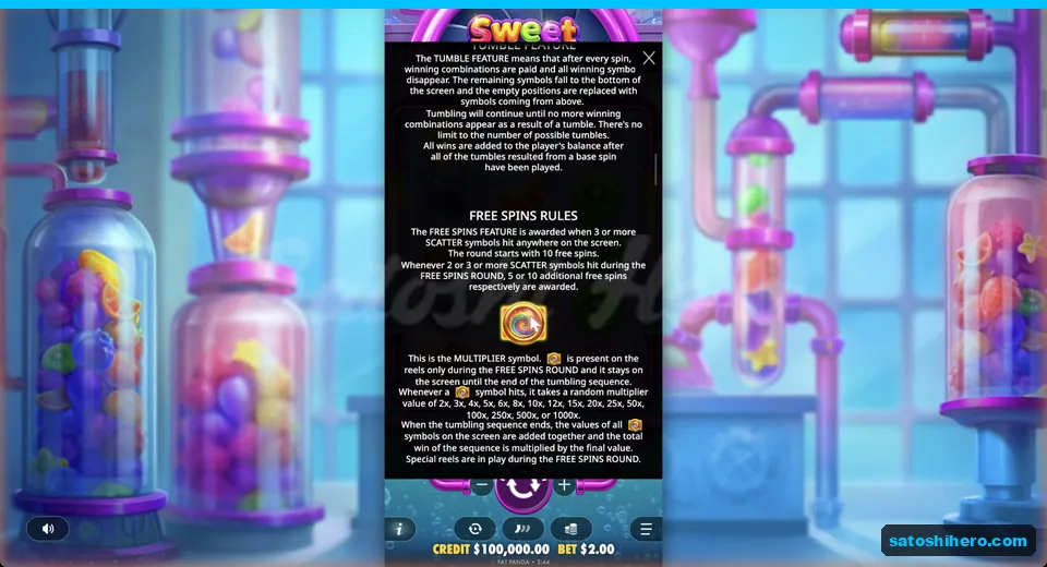 Rules page explains tumbles and free spins