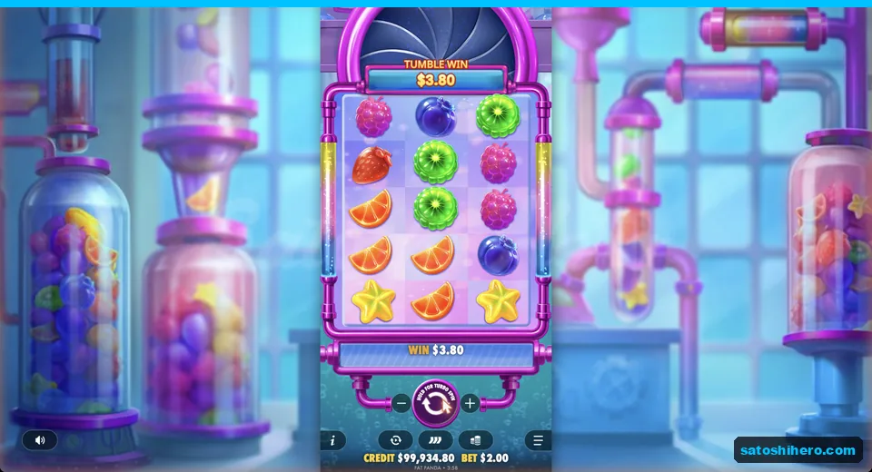 Tumble win shows six fruit symbols on grid