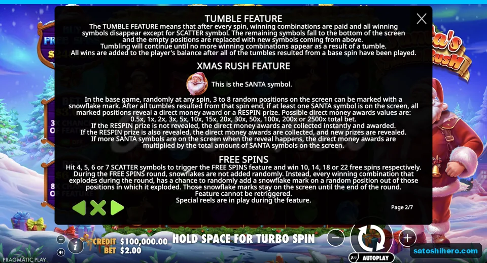 Rules page explains tumbles and free spins