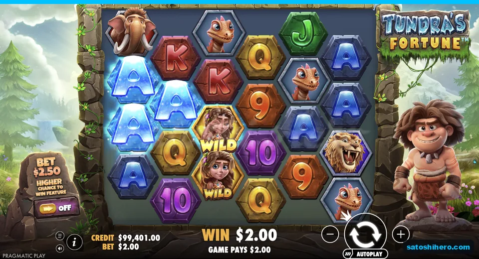 Line win resolves with stacked cavewoman Wilds