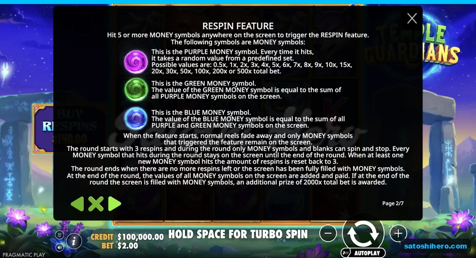 Rules page explains respins and money orbs