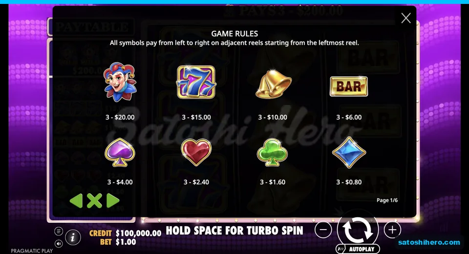 Rules page lists symbol values from joker to gems