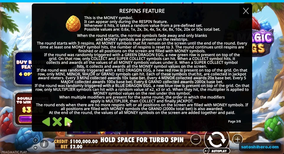 Rules page shows locked money symbols and respins