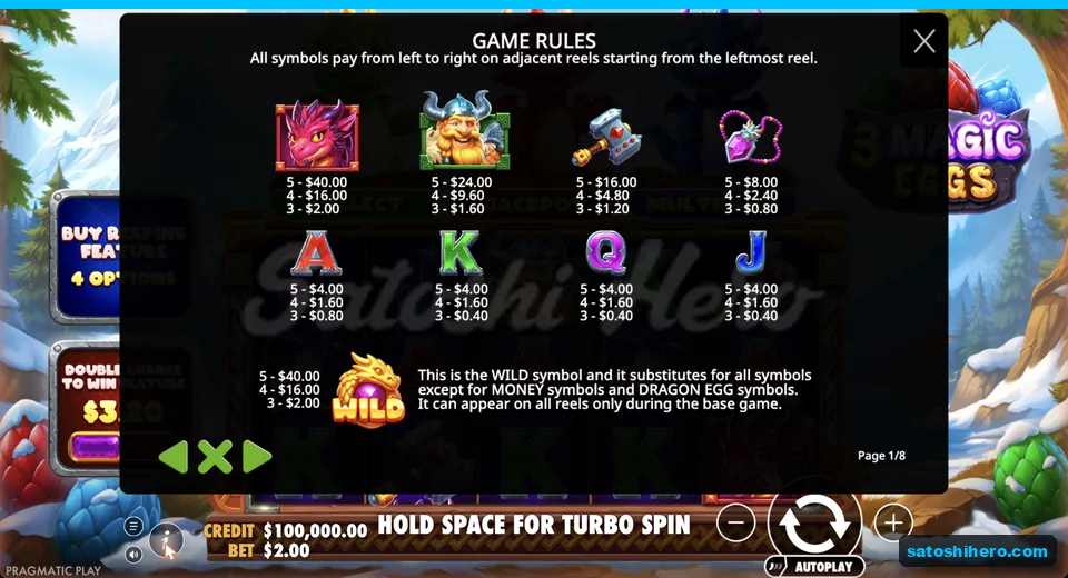 Paytable shows symbol payouts and Wild dragon