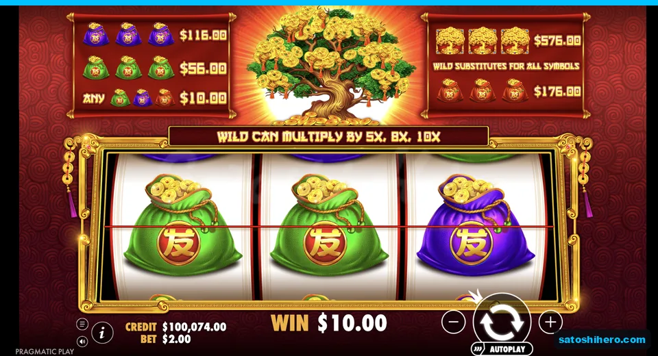 Line win resolves with three green purple bags