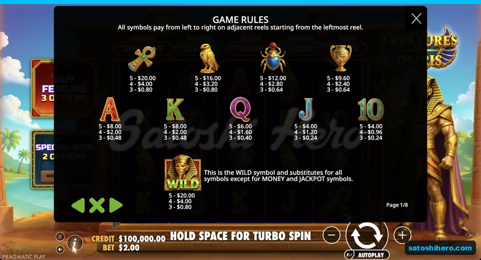 Paytable lists symbol values and wild
