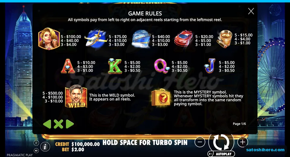 Paytable lists wild highs royals and briefcase