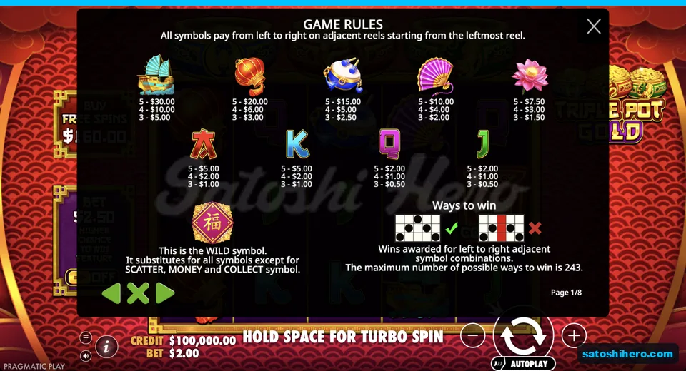 Paytable lists symbols and five-kind values