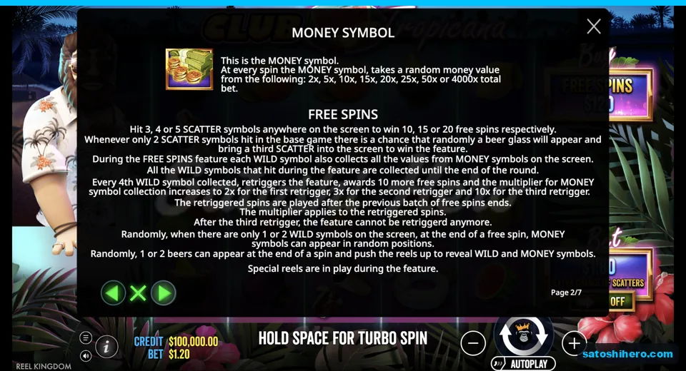 Info panel explains Money values and Free Spins