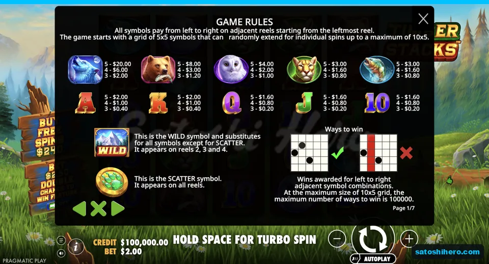Paytable shows wolf and animal symbol values