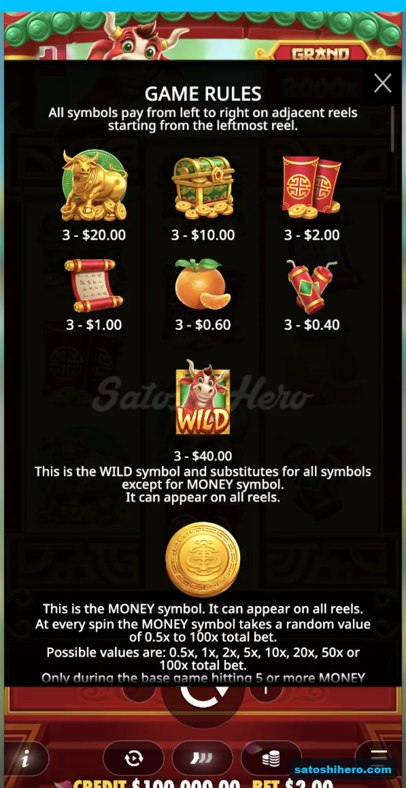 Paytable lists symbol values at $2.00 stake