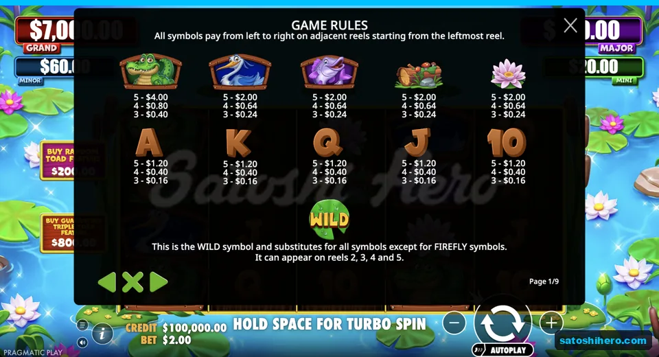 Rules page shows symbol pay values