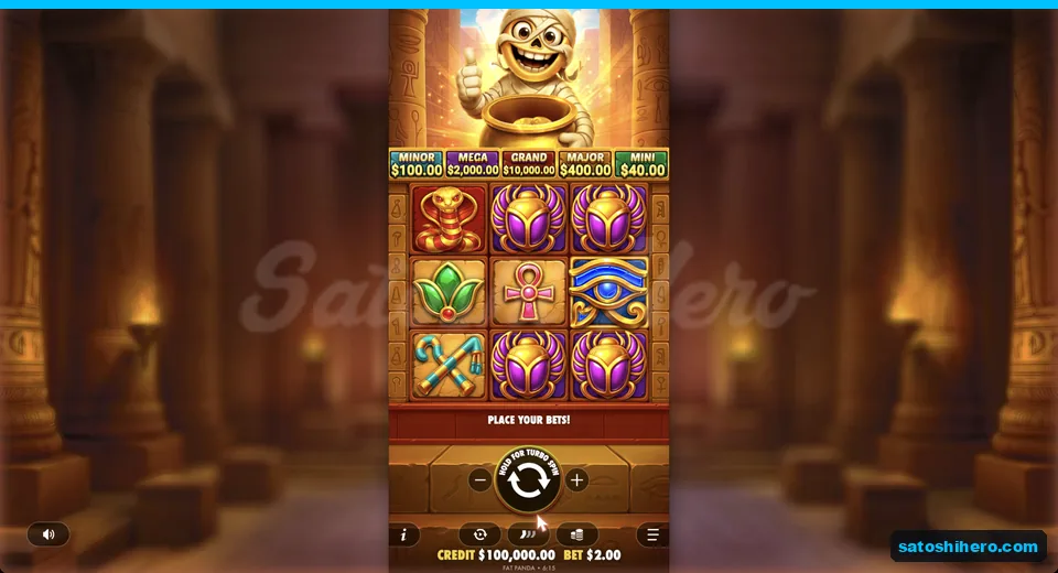 Idle grid shows symbols and jackpot ladder