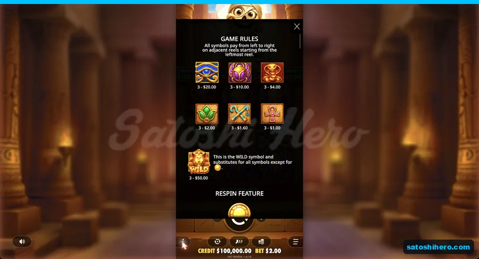 Paytable lists symbols, wild, and prize values