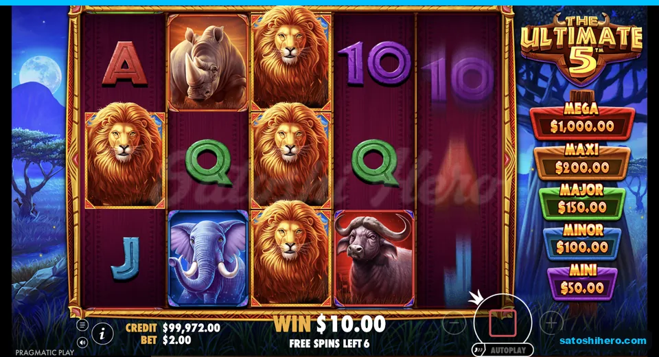 Free spins screen shows stacked lions and six spins
