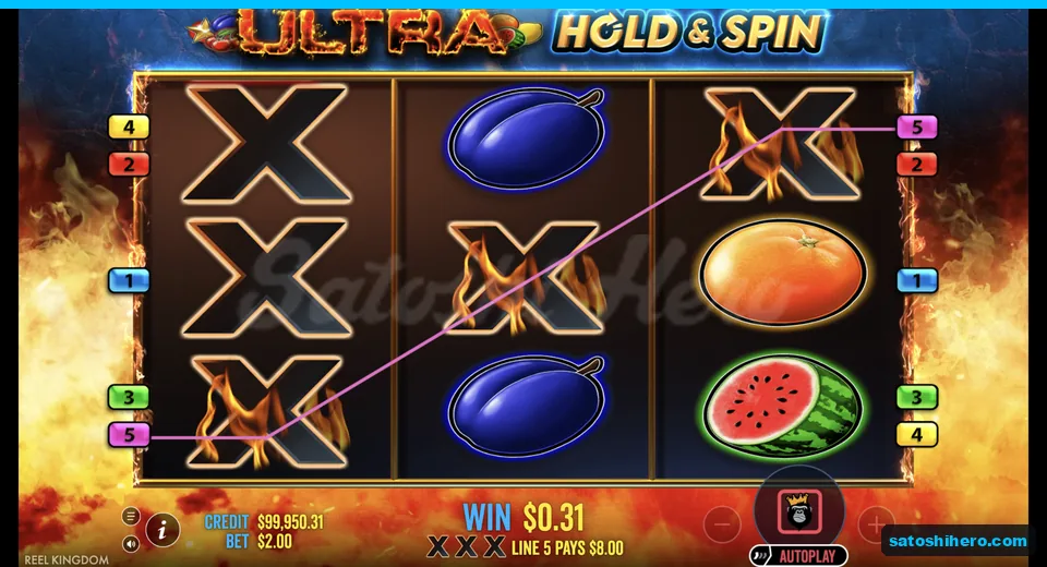 Line win resolves across three flaming X symbols