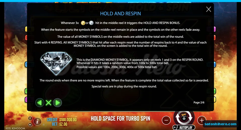 Info page explains four respins and Diamond values