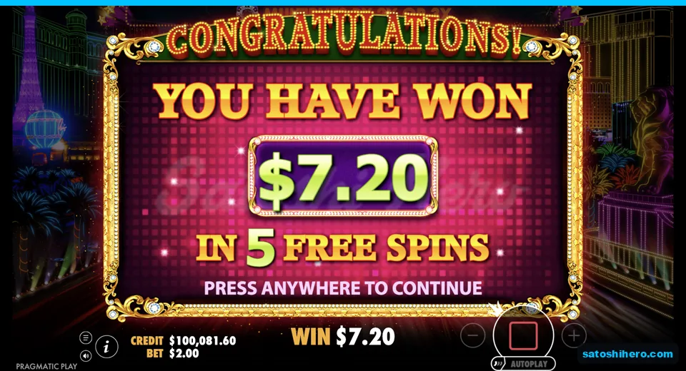 Congratulations banner shows $7.20 free spins payout