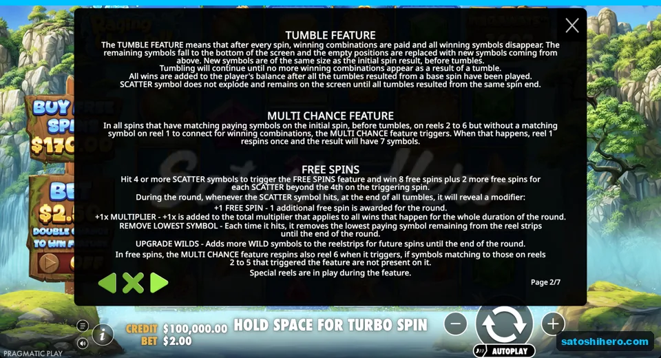 Rules page explains tumbles modifiers and free spins