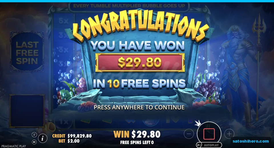 End banner shows $29.80 from ten free spins