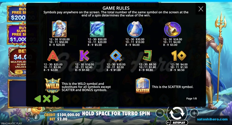 Paytable lists Poseidon, dolphin, column and card values