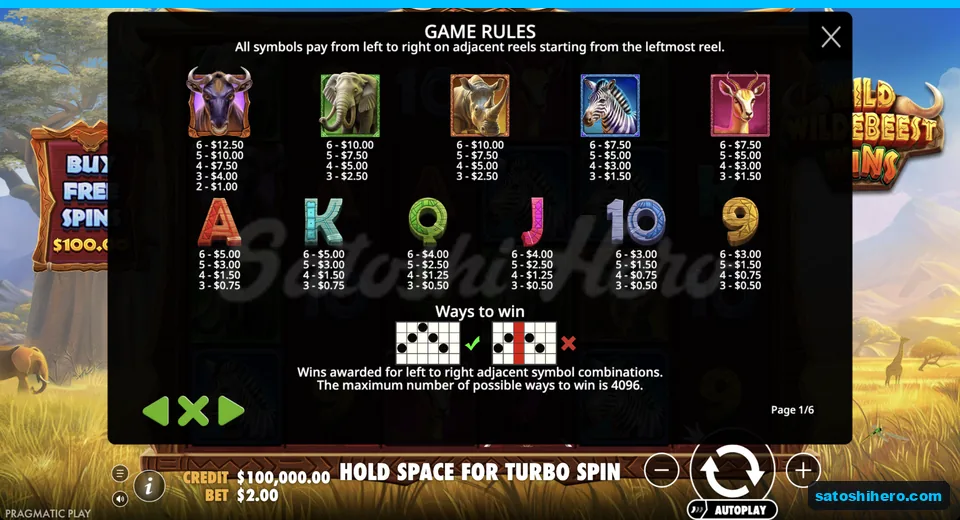 Paytable lists animal and royal symbol values