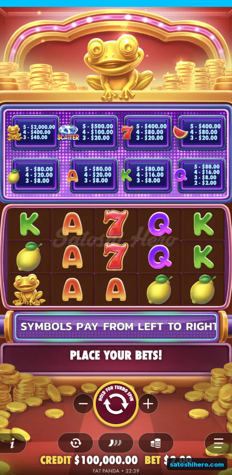 Base screen shows portrait cabinet and pay table